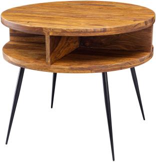 KADIMA DESIGN Couchtisch Massivholz sheesham rund - Moderne Tischplatte mit 4 Ablagefächern, schwarzem Metallgestell - Rustikaler Charme.