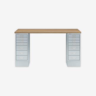 MultiDesk, 2 MultiDrawer mit 8 Schüben, Dekor natürliche Eiche, Farbe Lichtgrau, Maße: H 740 x B 1400 x T 600 mm