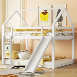 Merax Doppelbett Kinderbett Hausbett Etagenbett mit Rutsche und Leiter, Kinderzimmer Hoch-Doppel-Stockbett, 140x200cm, Weiß(Ohne Matratze)