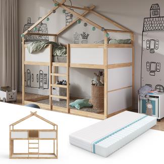 VitaliSpa Kinderstockbett Doppelstockbett Etagenbett Merlin Natur Weiß modern 208x203 cm Kinderzimmer, mit Rausfallschutz Massivholz Lattenrost Matratze