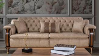Casa Padrino Luxus Chesterfield Schlafsofa Beige / Braun / Schwarz / Gold 222 x 98 x H. 80 cm - Modernes Wohnzimmer Sofa - Luxus Wohnzimmer Möbel