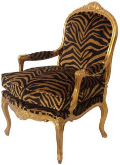 Casa Padrino Luxus Barock Sessel Gold / Schwarz / Gold 69 x 77 x H. 108 cm - Edler Mahagoni Wohnzimmer Sessel mit elegantem Tiger Muster - Barock Möbel