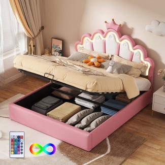 Flieks Polsterbett, LED Kinderbett Doppelbett mit krone-Form Prinzessinnenbett 140x200cm