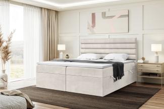 MEBLINI Boxspringbett KARIM 160x200 cm mit Bettkasten - H4/Beige Samt Polsterbett - Doppelbett mit Topper & Taschenfederkern-Matratze