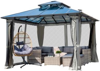 BRAST Pavillon Aluminium Pagode 3,5x3,5m Hellgrau inkl. Moskitonetz + LED festes Dach wasserdicht stabil UV-Schutz