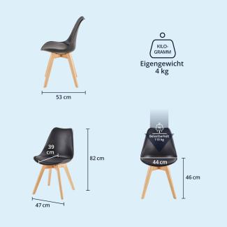 Esszimmerstühle Scandi Stil - Stuhlbeine aus Massivholz Buche - Kunststoff-Sitzschale mit Sitzpolster aus Kunstleder 1 Stuhl Schwarz