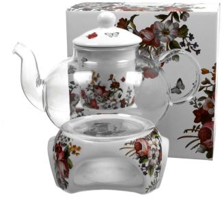 DUO FLORAL Teekanne 1000 ml VINTAGE FLOWERS WHITE mit Stövchen, Glas - New Bone China Porzellan