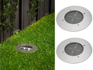 Solar LED Bodeneinbaustrahler 2er SET für Außen, Edelstahl rund Ø14cm IP67