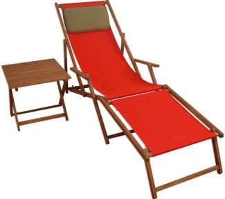 Liegestuhl rot Fußablage Tisch Kissen Deckchair Holz Sonnenliege Gartenliege Buche 10-308FTKD