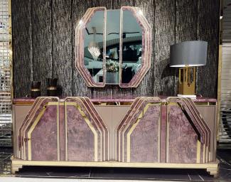 Casa Padrino Luxus Art Deco Möbel Set Lila / Grau / Gold - 1 Sideboard mit 4 Türen & 1 Wandspiegel - Art Deco Wohnzimmer & Hotel Möbel - Luxus Kollektion