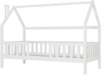 Merax Hausbett Massivholzbett, mit Rausfallschutz,Für Erwachsene,90 x 200 cm, Weiß