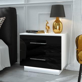 Domando Nachttisch San Leo Modern für Schlafzimmer Breite 55cm, LED Beleuchtung in Weiß, verchromte Griffe in Weiß Matt und Schwarz Hochglanz