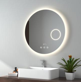 EMKE LED Badspiegel mit Beleuchtung Acrylrahmen Badezimmerspiegel ф70cm, Touch, Anti-Fog, 3-fache Vergrößerung, Bluetooth, Memory-Funktion, Neutral Licht Dimmbar