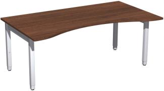 Schreibtisch '4 Fuß Pro Quadrat' Ergonomieform höhenverstellbar, 180x100x68-86cm, Nussbaum / Silber