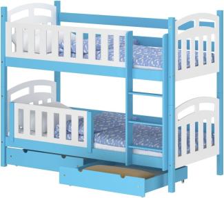 WNM Group Hochbett mit Rausfallschutz und 2 Schubladen Suzie - aus Massivholz - Kinderbett für Mädchen und Jungen - Absturzsicherung Kinderhochbetten 200x90 cm - Blau