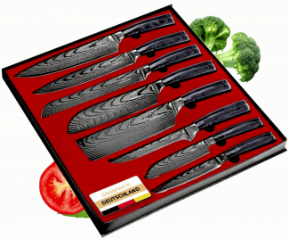 Asiatisches Edelstahl Messerset Kuro | 8-teiliges Küchenmesser Set | Kochmesser im Damast Design mit Epoxidharz Griff inkl. Geschenkbox | rostfrei & scharf | Designed in Germany
