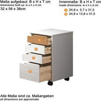 Inter-Furn Rollcontainer, Kiefernholz, Kiefer Weiß/Honig, 32 x 56 x 38 cm