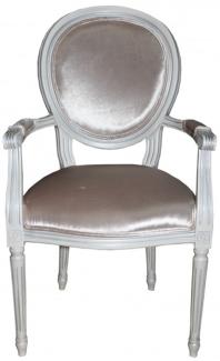 Casa Padrino Barock Esszimmer Stuhl mit Armlehne Beige / White / Silver - Designer Stuhl - Luxus Qualität