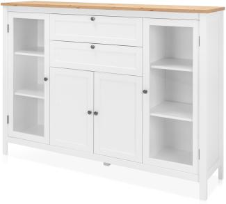 KHG Highboard 4-türig mit Einlegeboden Landhaus, 2 Glastüren & 2 Schubladen, Vitrine aus Holzwerkstoff weiß foliert, Deckplatte Holzoptik Asteiche foliert, silberne Metall-Griffe, 160 x 120x 40 cm (B/H/T)