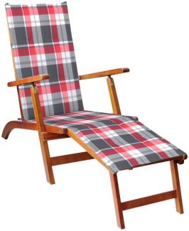 Liegestuhl mit Fußablage aus Akazie mit Auflage Kariert Grau-Rot