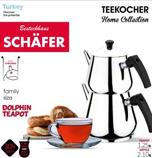 Schäfer Teekanne Edelstahl Caydanlik Teekocher Rostfrei Wasser/Tee-Kessel Wasserkessel 2,10L, Teekessel 1. 25L Griff Schwarz