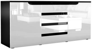 Sideboard Kommode Sylt V1, Korpus in Schwarz matt / Front in Weiß Hochglanz mit Absetzungen in Schwarz Hochglanz (139 x 72 x 35)