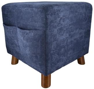 GILDE Polsterhocker im Cord Design blau - Sitzwürfel Hocker mit Holzfüßen - 2 seitliche Taschen für Zeitung Fernbedienung - quadratisch 40 x 40 cm - Höhe 40 cm