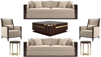 Casa Padrino Luxus Art Deco Wohnzimmer Set Beige / Dunkelbraun Hochglanz / Gold - 2 Sofas & 2 Sessel & 1 Couchtisch & 2 Beistelltische - Edle Wohnzimmer Möbel - Luxus Qualität