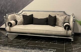 Casa Padrino Luxus Barock Sofa Cremefarben / Silber / Schwarz - Handgefertigtes Wohnzimmer Sofa im Barockstil - Barock Wohnzimmer Möbel
