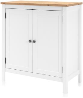 KHG Kommode 2-türig mit Einlegeboden Landhaus, Sideboard aus Holzwerkstoff weiß foliert, Deckplatte Holzoptik Asteiche foliert, silberne Metall-Griffe, 80 x 90 x 40 cm (B/H/T)