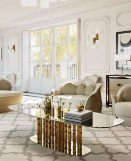 Casa Padrino Luxus Designer Couchtisch Bambus Gold 180 x 80 x H. 57 cm - Wohnzimmertisch mit ovaler Glasplatte - Wohnzimmer Möbel - Hotel Möbel - Luxus Qualität