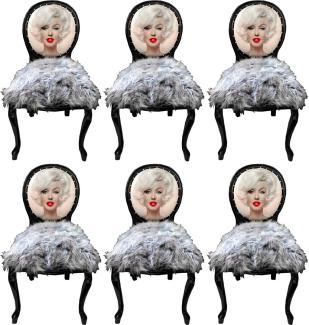 Casa Padrino Luxus Barock Esszimmerstuhl Set Marilyn Monroe Grau / Schwarz 50 x 60 x H. 104 cm - Handgefertigte Pop Art Designer Stühle mit Kunstfell - Barock Esszimmer Möbel