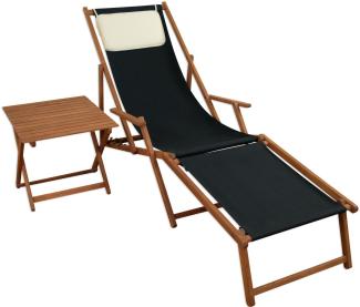 Liegestuhl schwarz Fußablage Tisch Kissen Deckchair Sonnenliege Gartenliege Holz 10-305 F T KH
