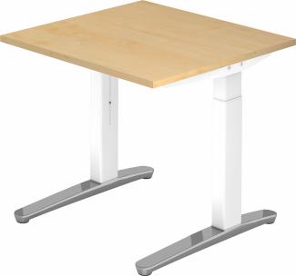 bümö® Design Schreibtisch XB-Serie höhenverstellbar, Tischplatte 80 x 80 cm in Ahorn, Gestell in weiß/alu poliert