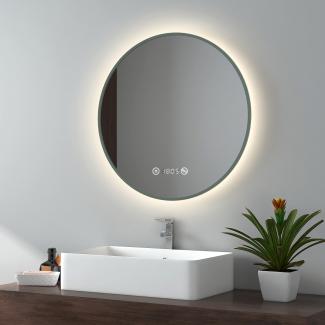 EMKE LED Badspiegel ф60cm Dunkelgrüner Rand, Beschlagfrei, Uhr, Temperatur, Dimmbar, Memory-Funktion Neutrales Licht Wandspiegel