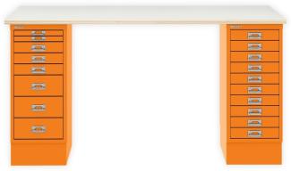 MultiDesk, 1 MultiDrawer mit 10 Schüben, 1 MultiDrawer mit 8 Schüben, Dekor Plywood, Farbe Orange, Maße: H 740 x B 1400 x T 600 mm