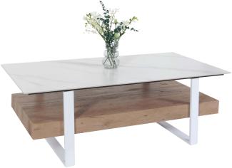Couchtisch HWC-L88, Wohnzimmertisch Tisch, Ablage Eisen 43x120x60cm Sinterstein Marmor-Optik weiß Holz natur