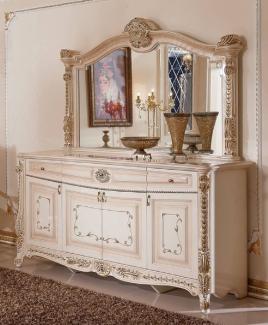 Casa Padrino Luxus Barock Möbel Set Weiß / Beige / Gold - 1 Barock Sideboard mit 4 Türen und 3 Schubladen & 1 Barock Wandspiegel - Luxus Möbel im Barockstil - Prunkvolle Barock Möbel