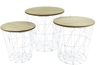 Metall Beistelltisch mit Stauraum weiß/helle Platten - 3er Set - Wohnzimmer Tisch mit Abnehmbarer Holz Platte Metallkorb Sofatisch Couchtisch