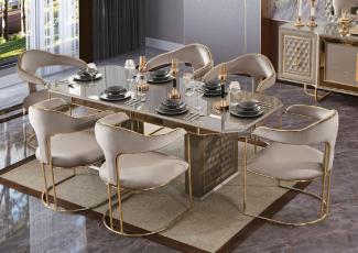 Casa Padrino Luxus Art Deco Esszimmer Set Grau / Gold - 1 Ausziehbarer Esstisch & 6 Esszimmerstühle mit Armlehnen - Esszimmer Möbel - Art Deco Möbel - Luxus Möbel - Art Deco Einrichtung