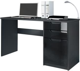 Vladon Schreibtisch Logan, Bürotisch mit 2 Schubladen und 1 Tür, Schwarz matt/Schwarz Hochglanz (129 x 76 x 60 cm)