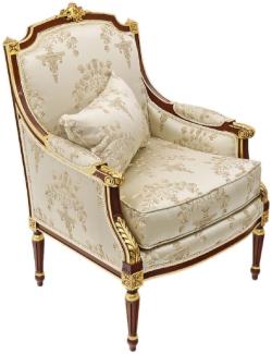 Casa Padrino Barock Lounge Thron Sessel mit elegantem Muster Cremefarben / Dunkelbraun / Gold - Barock Wohnzimmer Möbel