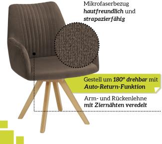 smart 6er Set drehbare Esszimmerstühle mit Armlehnen - Bezug Mikrofaser Braun, 180° drehbar mit Auto-Return-Funktion - Massivholz Stuhlbeine - Küchenstuhl, Polsterstuhl mit Schaumstofffüllung