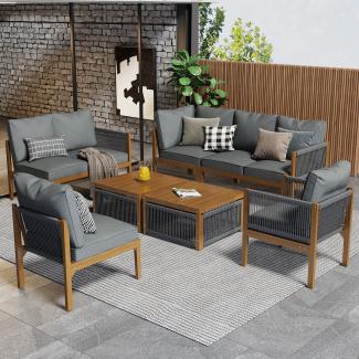 Merax Sitzgruppe Gartengarnitur, Gartenlounge Set für 7-8 Personen. Gartenmöbel Set mit Sofa, Tisch, Hocker & Kissen, Natural & Grau