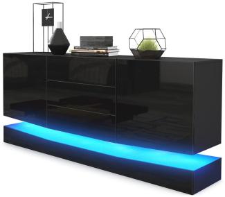 Vladon Sideboard City, Schwarz matt/Schwarz Hochglanz inkl. LED - Moderne Kommode für Ihr Wohnbereich (178 x 72 x 38 cm)