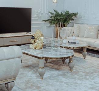 Casa Padrino Luxus Art Deco Couchtisch Grau / Weiß / Gold 160 x 87 x H. 46 cm - Prunkvoller Massivholz Wohnzimmertisch mit Kunstmarmor Tischplatte - Art Deco Wohnzimmer Möbel