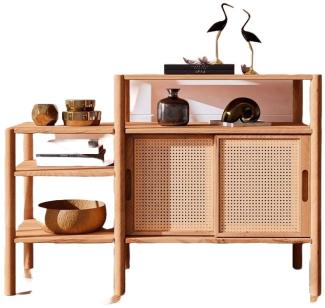 Bücherregal Zola Kernbuche massiv und Rattan 120x86 cm 2 Schiebetüren 3 Fächer