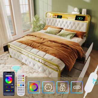 Merax Polsterbett Doppelbett mit aufladen USB Type C Ladefunktion APP-Control LED Bettgestell Metallbett 180×200 Bettrahmen und 4 Schubladen, Samt (Ohne Matratze) , Weiß