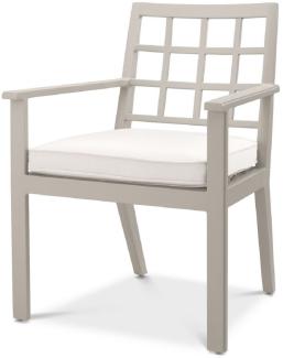 Casa Padrino Luxus Esszimmerstuhl mit Armlehnen Sandfarben / Weiß 64,5 x 65 x H. 88,5 cm - Wetterbeständiger Aluminium Stuhl mit Sitzkissen - Garten Terrassen Stuhl - Luxus Qualität