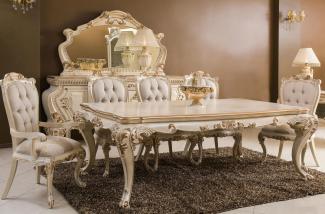 Casa Padrino Luxus Barock Esszimmer Set Creme / Gold - 1 Barock Esstisch & 6 Barock Esszimmerstühle - Barock Esszimmer Möbel - Luxus Möbel im Barockstil - Edel & Prunkvoll